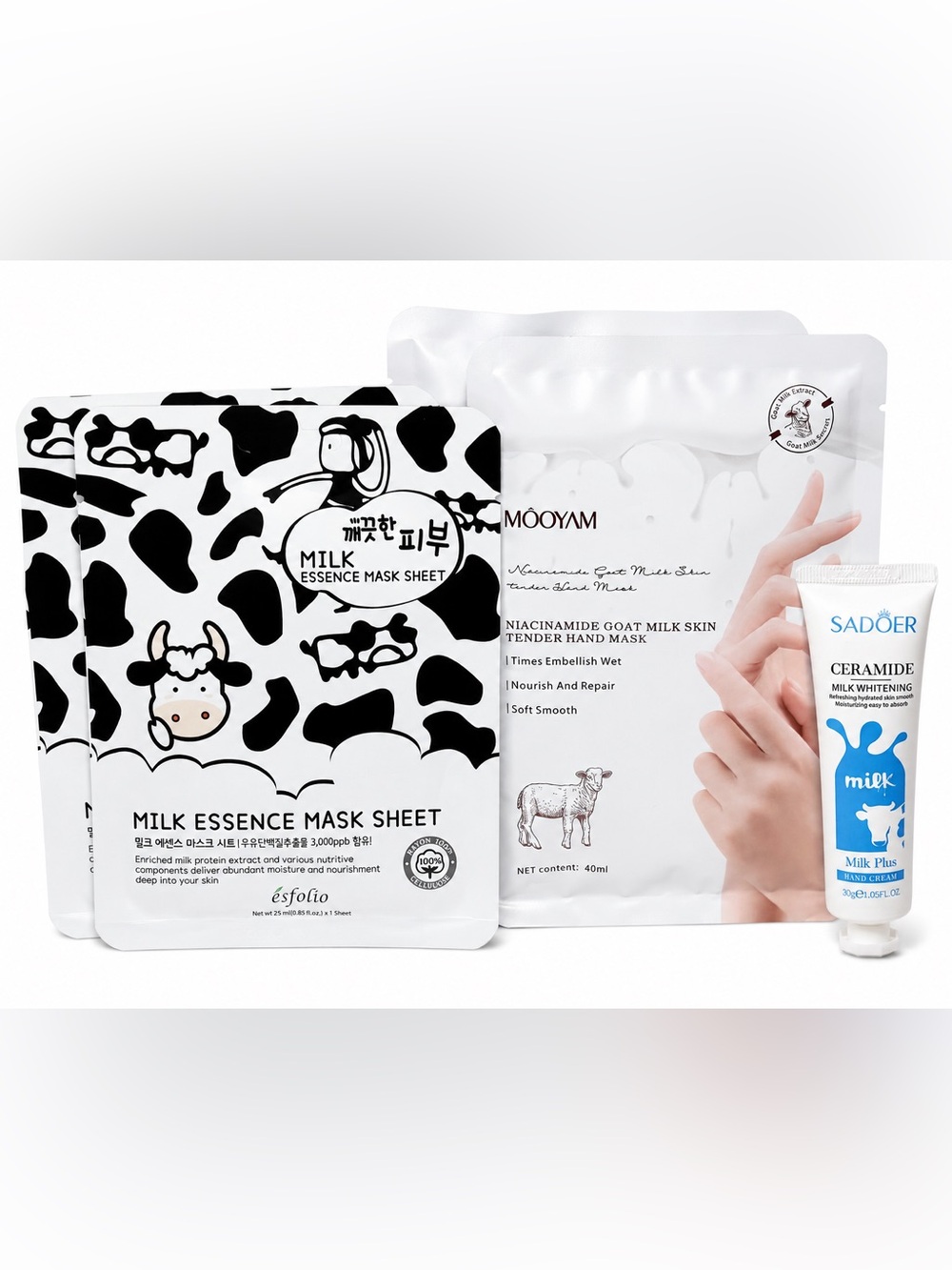 K-Beauty Essence Mask Sheet, Goat Milk Hand Mask and Milk Plus Hand‎ Cream